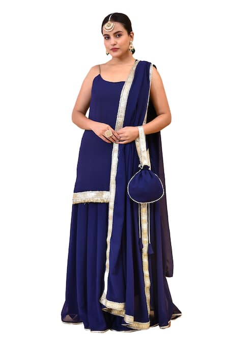 Bannhi By Priyanka Rathore Blue Georgette Embroidery, Gota Patti Round Neck Sleeveless Kurta Sharara Set Online at Aza Fashions Bannhi By Priyanka Rathore_Blue Georgette Embroidery, Gota Patti Round Neck Sleeveless Kurta Sharara Set _Online_at_Aza_Fashions
