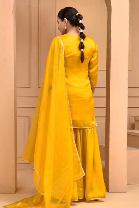 Shop Bannhi By Priyanka Rathore Yellow Satin, Organza, Silk Gota Patti, Embroidery Round Neck Kurta Sharara Set at Aza Fashions Shop_Bannhi By Priyanka Rathore_Yellow Satin, Organza, Silk Gota Patti, Embroidery Round Neck Kurta Sharara Set _at_Aza_Fashions