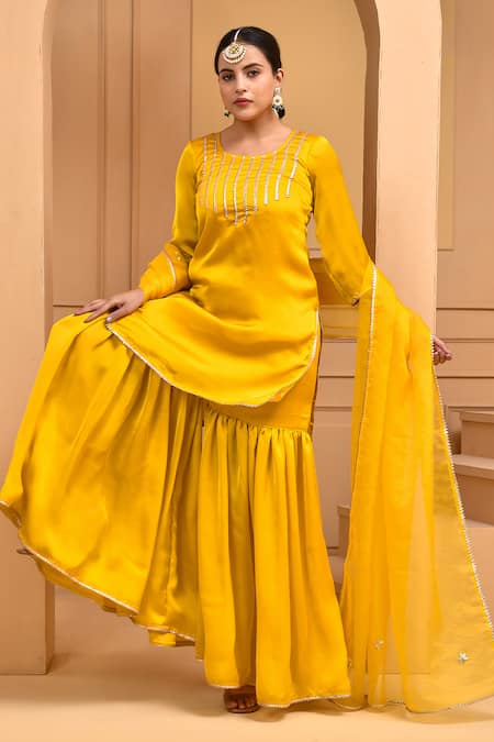 Bannhi By Priyanka Rathore Yellow Satin, Organza, Silk Gota Patti, Embroidery Round Neck Kurta Sharara Set Online at Aza Fashions Bannhi By Priyanka Rathore_Yellow Satin, Organza, Silk Gota Patti, Embroidery Round Neck Kurta Sharara Set _Online_at_Aza_Fashions