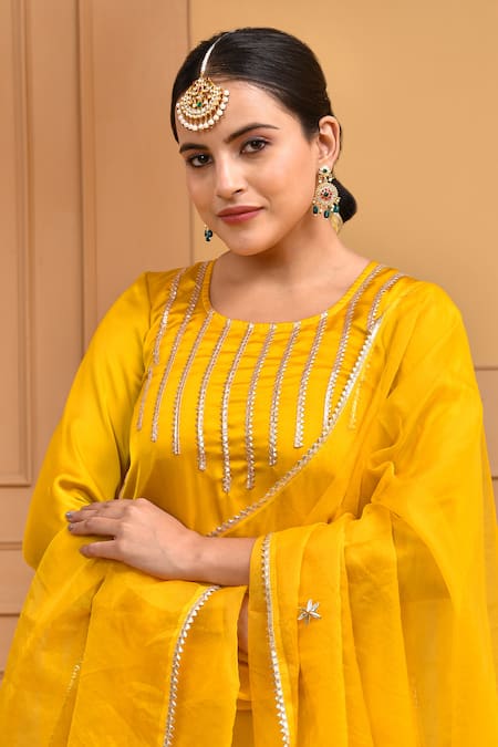 Buy Bannhi By Priyanka Rathore Yellow Satin, Organza, Silk Gota Patti, Embroidery Round Neck Kurta Sharara Set Online at Aza Fashions Buy_Bannhi By Priyanka Rathore_Yellow Satin, Organza, Silk Gota Patti, Embroidery Round Neck Kurta Sharara Set _Online_at_Aza_Fashions