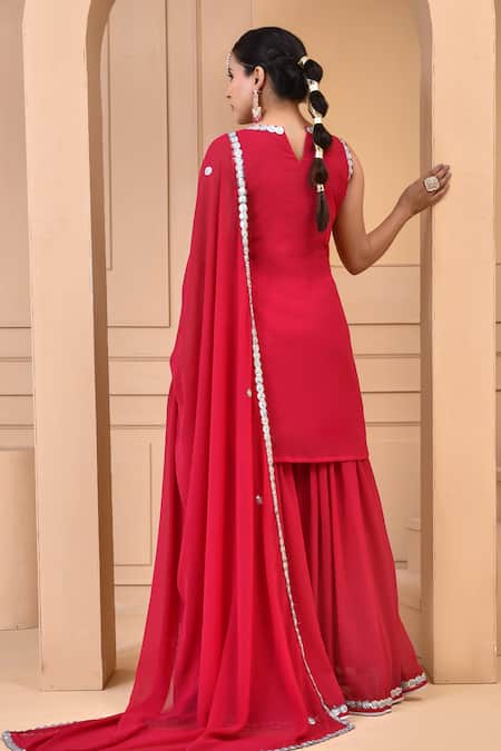 Shop Bannhi By Priyanka Rathore Red Georgette Sequins Round Neck Embroidered Kurta Sharara Set at Aza Fashions Shop_Bannhi By Priyanka Rathore_Red Georgette Sequins Round Neck Embroidered Kurta Sharara Set _at_Aza_Fashions