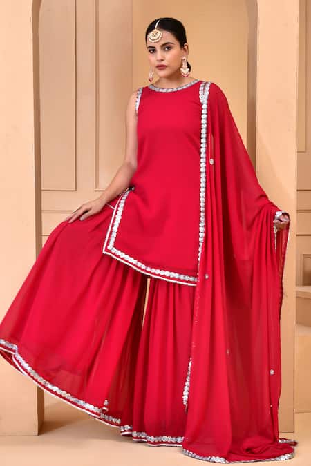Bannhi By Priyanka Rathore Red Georgette Sequins Round Neck Embroidered Kurta Sharara Set Online at Aza Fashions Bannhi By Priyanka Rathore_Red Georgette Sequins Round Neck Embroidered Kurta Sharara Set _Online_at_Aza_Fashions