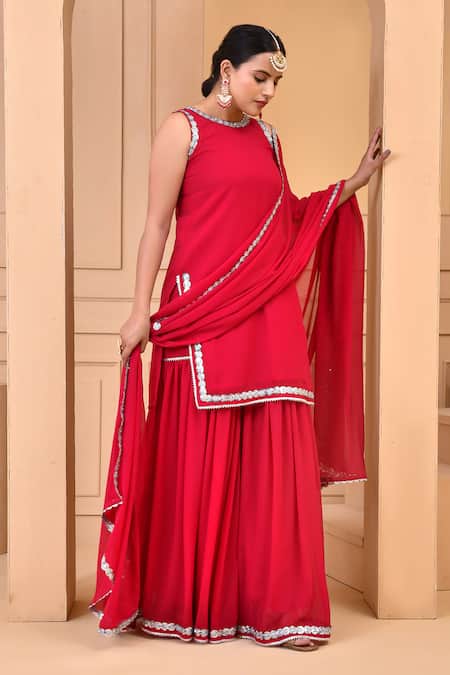 Shop Bannhi By Priyanka Rathore Red Georgette Sequins Round Neck Embroidered Kurta Sharara Set Online at Aza Fashions Shop_Bannhi By Priyanka Rathore_Red Georgette Sequins Round Neck Embroidered Kurta Sharara Set _Online_at_Aza_Fashions