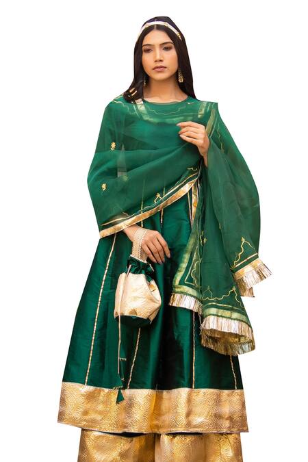 Bannhi By Priyanka Rathore Green Taffeta, Organza Embroidery Round Neck Aari Kurta Sharara Set Online at Aza Fashions Bannhi By Priyanka Rathore_Green Taffeta, Organza Embroidery Round Neck Aari Kurta Sharara Set _Online_at_Aza_Fashions