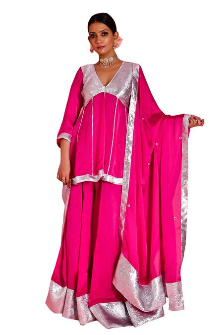 Bannhi By Priyanka Rathore_Magenta Satin, Silk Gota Patti, Embroidery V-neck Kurta Sharara Set _Online_at_Aza_Fashions