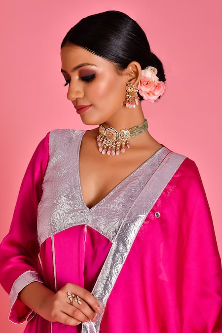 Shop_Bannhi By Priyanka Rathore_Magenta Satin, Silk Gota Patti, Embroidery V-neck Kurta Sharara Set _Online_at_Aza_Fashions