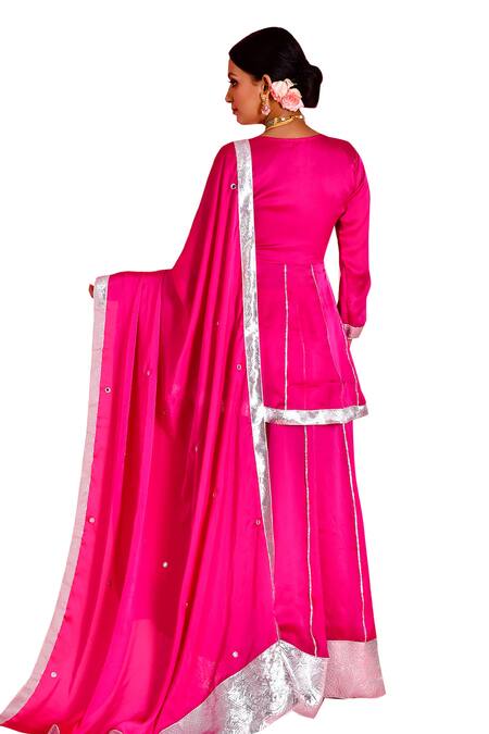 Bannhi By Priyanka Rathore_Magenta Satin, Silk Gota Patti, Embroidery V-neck Kurta Sharara Set _at_Aza_Fashions