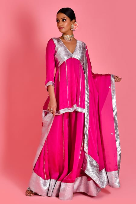 Buy_Bannhi By Priyanka Rathore_Magenta Satin, Silk Gota Patti, Embroidery V-neck Kurta Sharara Set 