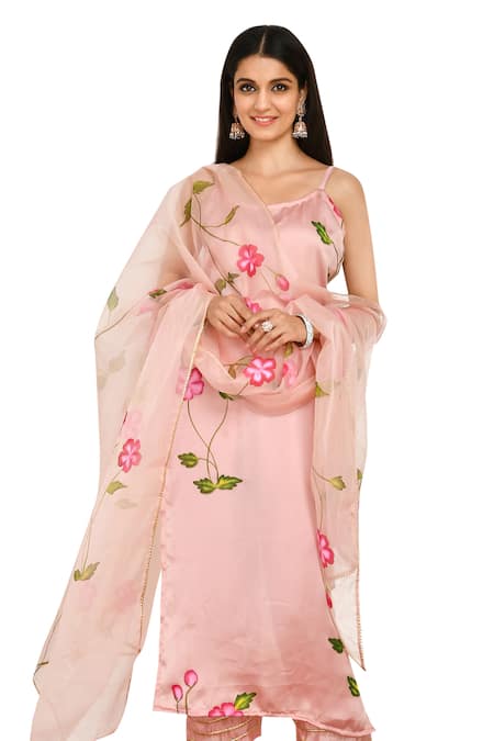 Bannhi By Priyanka Rathore Pink Satin, Silk, Organza Embroidery Round Neck Floral Print Kurta Pant Set Online at Aza Fashions Bannhi By Priyanka Rathore_Pink Satin, Silk, Organza Embroidery Round Neck Floral Print Kurta Pant Set _Online_at_Aza_Fashions