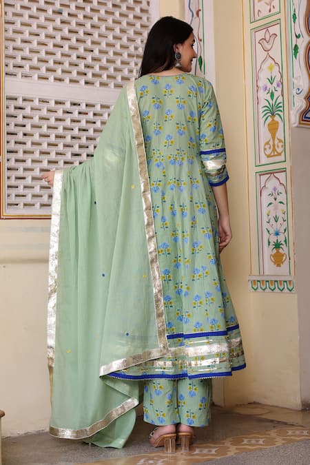 Shop Bannhi By Priyanka Rathore Green Cotton Gota Patti, Embroidery V-neck Floral Print Anarkali Pant Set at Aza Fashions Shop_Bannhi By Priyanka Rathore_Green Cotton Gota Patti, Embroidery V-neck Floral Print Anarkali Pant Set _at_Aza_Fashions