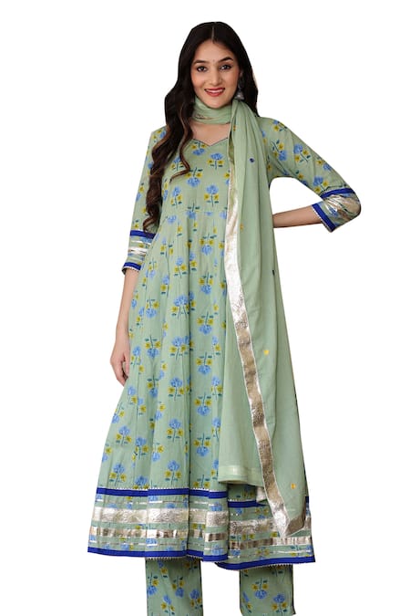Shop Bannhi By Priyanka Rathore Green Cotton Gota Patti, Embroidery V-neck Floral Print Anarkali Pant Set Online at Aza Fashions Shop_Bannhi By Priyanka Rathore_Green Cotton Gota Patti, Embroidery V-neck Floral Print Anarkali Pant Set _Online_at_Aza_Fashions