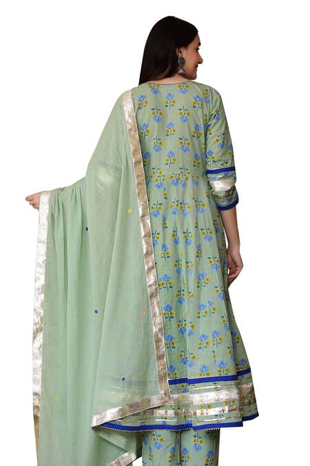 Buy Bannhi By Priyanka Rathore Green Cotton Gota Patti, Embroidery V-neck Floral Print Anarkali Pant Set Buy_Bannhi By Priyanka Rathore_Green Cotton Gota Patti, Embroidery V-neck Floral Print Anarkali Pant Set
