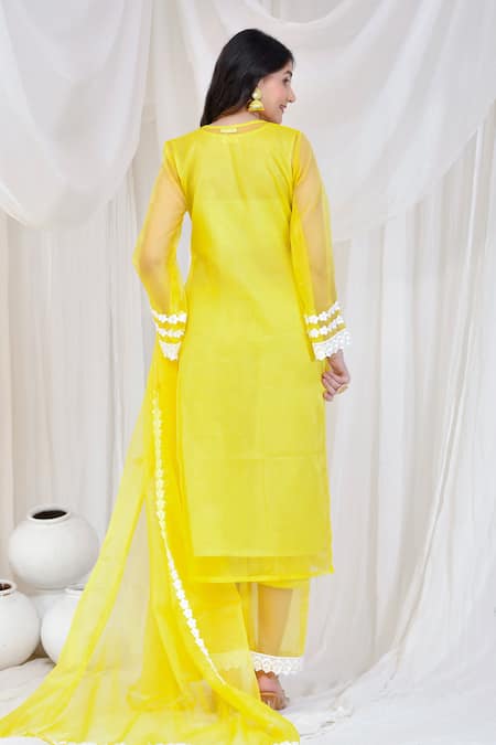 Shop Bannhi By Priyanka Rathore Yellow Organza Lace Split V-neck Embroidered Kurta Palazzo Set at Aza Fashions Shop_Bannhi By Priyanka Rathore_Yellow Organza Lace Split V-neck Embroidered Kurta Palazzo Set _at_Aza_Fashions