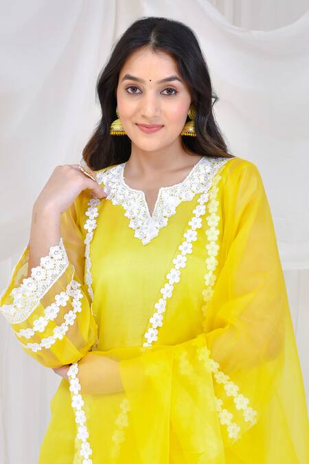 Buy Bannhi By Priyanka Rathore Yellow Organza Lace Split V-neck Embroidered Kurta Palazzo Set Online at Aza Fashions Buy_Bannhi By Priyanka Rathore_Yellow Organza Lace Split V-neck Embroidered Kurta Palazzo Set _Online_at_Aza_Fashions