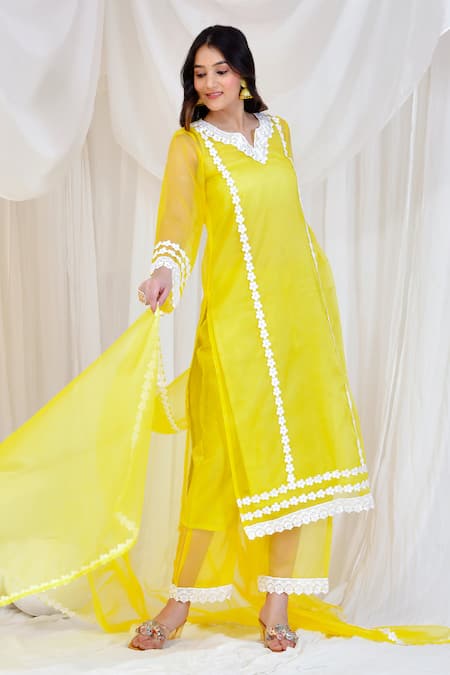 Shop Bannhi By Priyanka Rathore Yellow Organza Lace Split V-neck Embroidered Kurta Palazzo Set Online at Aza Fashions Shop_Bannhi By Priyanka Rathore_Yellow Organza Lace Split V-neck Embroidered Kurta Palazzo Set _Online_at_Aza_Fashions