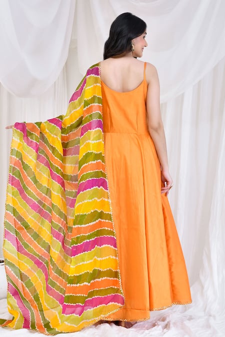 Shop_Bannhi By Priyanka Rathore_Yellow Cotton, Silk Gota Patti Hem Embroidered Flared Anarkali With Dupatta _at_Aza_Fashions