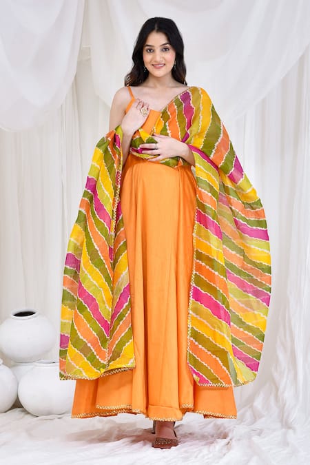 Bannhi By Priyanka Rathore_Yellow Cotton, Silk Gota Patti Hem Embroidered Flared Anarkali With Dupatta _Online_at_Aza_Fashions