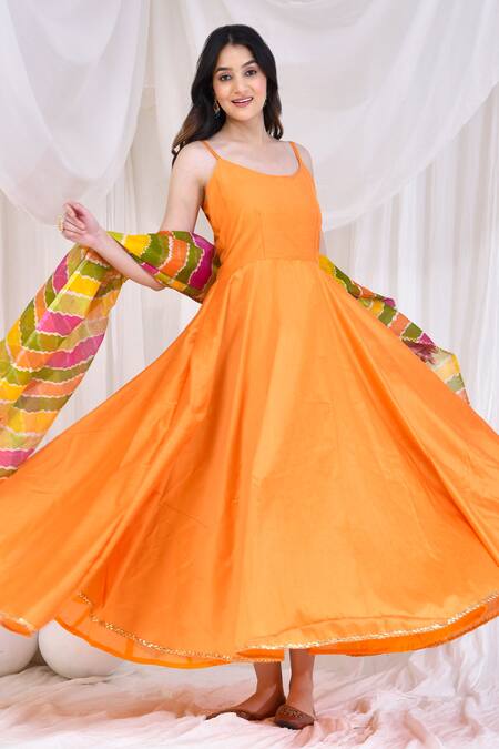 Buy_Bannhi By Priyanka Rathore_Yellow Cotton, Silk Gota Patti Hem Embroidered Flared Anarkali With Dupatta _Online_at_Aza_Fashions