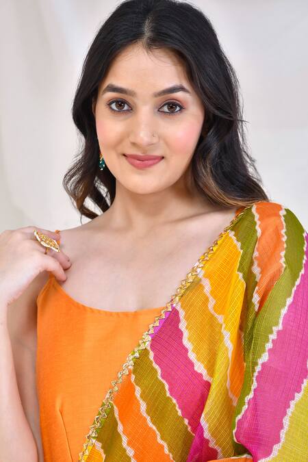 Shop_Bannhi By Priyanka Rathore_Yellow Cotton, Silk Gota Patti Hem Embroidered Flared Anarkali With Dupatta _Online_at_Aza_Fashions