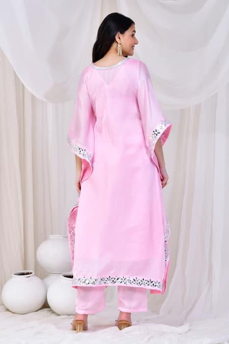 Shop_Bannhi By Priyanka Rathore_Pink Satin, Silk Embroidery Split V-neck Border Kaftan And Pant Set _at_Aza_Fashions