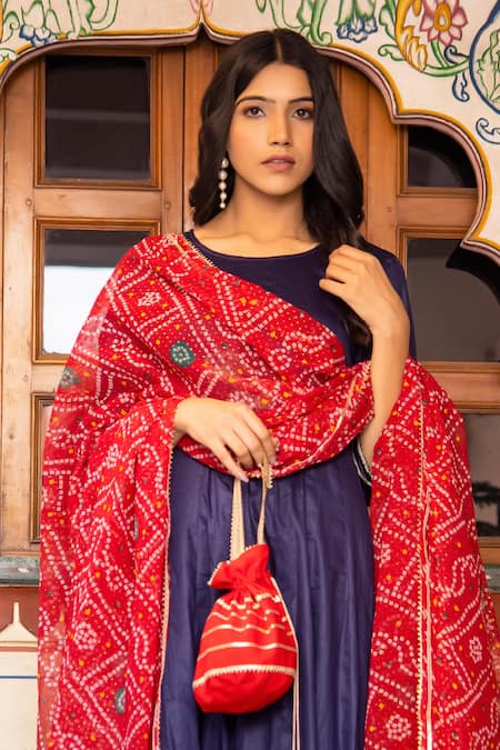 Shop Bannhi By Priyanka Rathore Blue Cotton, Silk, Muslin Gota Patti, Embroidery Round Neck Anarkali Pant Set Online at Aza Fashions Shop_Bannhi By Priyanka Rathore_Blue Cotton, Silk, Muslin Gota Patti, Embroidery Round Neck Anarkali Pant Set _Online_at_Aza_Fashions