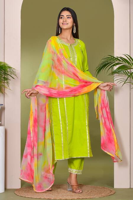 Bannhi By Priyanka Rathore Green Cotton, Georgette Gota Patti Split V-neck Embroidered Kurta Palazzo Set Online at Aza Fashions Bannhi By Priyanka Rathore_Green Cotton, Georgette Gota Patti Split V-neck Embroidered Kurta Palazzo Set _Online_at_Aza_Fashions