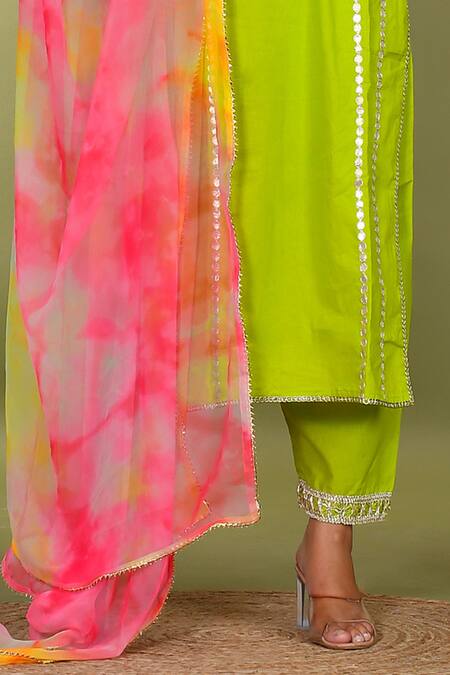 Buy Bannhi By Priyanka Rathore Green Cotton, Georgette Gota Patti Split V-neck Embroidered Kurta Palazzo Set Online at Aza Fashions Buy_Bannhi By Priyanka Rathore_Green Cotton, Georgette Gota Patti Split V-neck Embroidered Kurta Palazzo Set _Online_at_Aza_Fashions