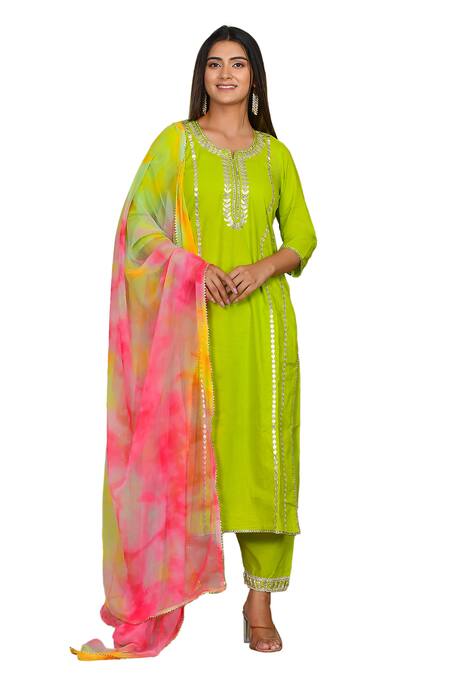 Shop Bannhi By Priyanka Rathore Green Cotton, Georgette Gota Patti Split V-neck Embroidered Kurta Palazzo Set Online at Aza Fashions Shop_Bannhi By Priyanka Rathore_Green Cotton, Georgette Gota Patti Split V-neck Embroidered Kurta Palazzo Set _Online_at_Aza_Fashions