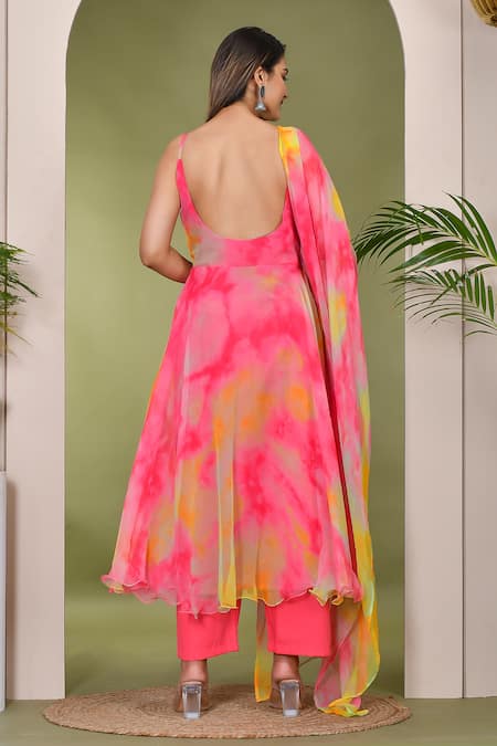 Shop_Bannhi By Priyanka Rathore_Multi Color Georgette Round Neck Abstract Print Anarkali Pant Set _at_Aza_Fashions