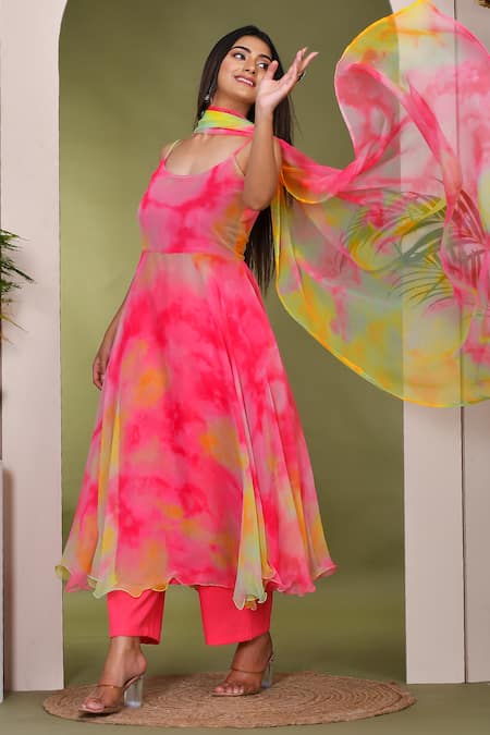 Bannhi By Priyanka Rathore_Multi Color Georgette Round Neck Abstract Print Anarkali Pant Set _Online_at_Aza_Fashions