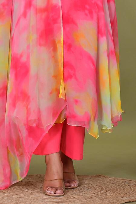 Buy_Bannhi By Priyanka Rathore_Multi Color Georgette Round Neck Abstract Print Anarkali Pant Set _Online_at_Aza_Fashions