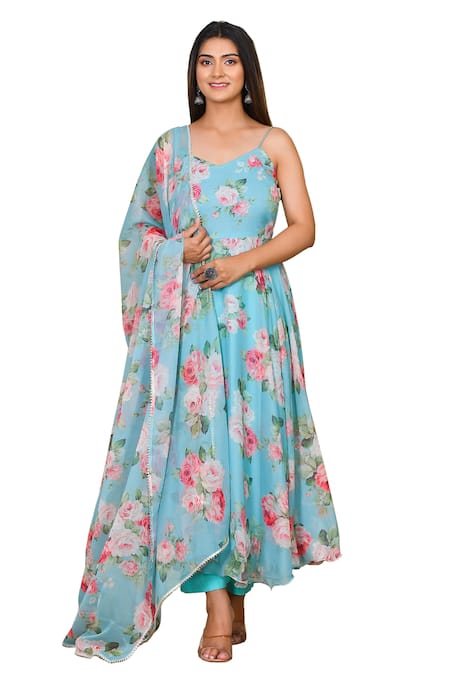 Shop_Bannhi By Priyanka Rathore_Blue Muslin Embroidery V-neck Floral Pattern Anarkali Pant Set _Online_at_Aza_Fashions