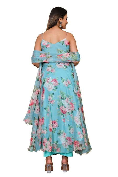 Buy_Bannhi By Priyanka Rathore_Blue Muslin Embroidery V-neck Floral Pattern Anarkali Pant Set 
