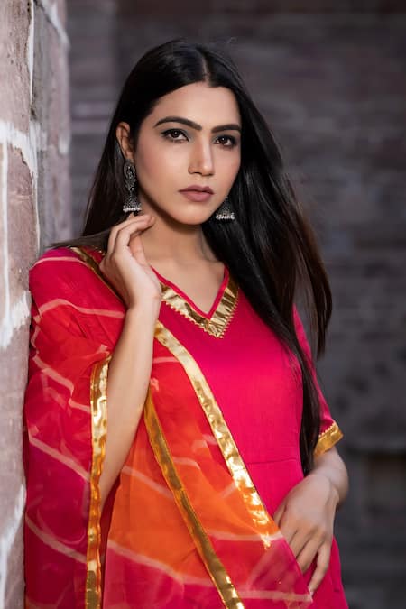 Shop_Bannhi By Priyanka Rathore_Pink Cotton, Silk, Organza Gota Patti V-neck Embroidered Anarkali With Dupatta _Online_at_Aza_Fashions