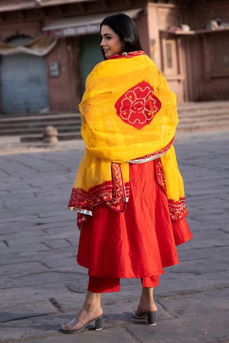 Shop Bannhi By Priyanka Rathore Red Cotton, Silk, Muslin Embroidery, Gota Patti Border Angrakha Kurta Pant Set at Aza Fashions Shop_Bannhi By Priyanka Rathore_Red Cotton, Silk, Muslin Embroidery, Gota Patti Border Angrakha Kurta Pant Set _at_Aza_Fashions