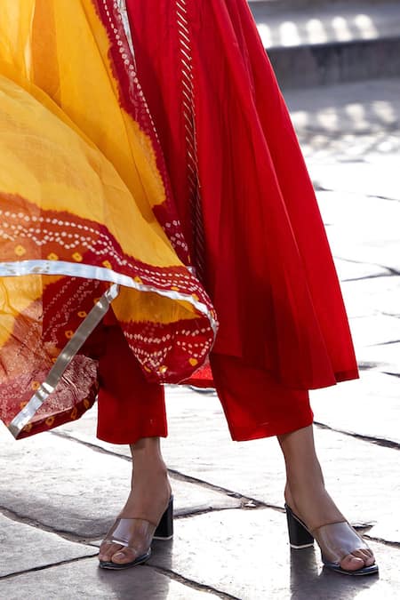 Bannhi By Priyanka Rathore Red Cotton, Silk, Muslin Embroidery, Gota Patti Border Angrakha Kurta Pant Set Online at Aza Fashions Bannhi By Priyanka Rathore_Red Cotton, Silk, Muslin Embroidery, Gota Patti Border Angrakha Kurta Pant Set _Online_at_Aza_Fashions
