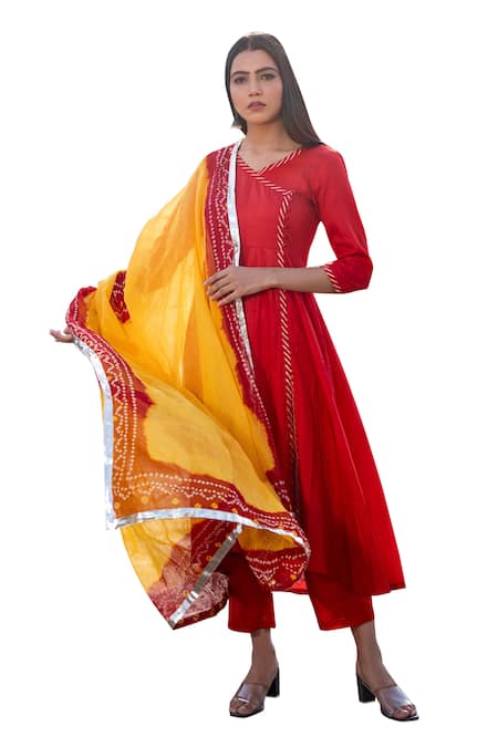 Buy Bannhi By Priyanka Rathore Red Cotton, Silk, Muslin Embroidery, Gota Patti Border Angrakha Kurta Pant Set Online at Aza Fashions Buy_Bannhi By Priyanka Rathore_Red Cotton, Silk, Muslin Embroidery, Gota Patti Border Angrakha Kurta Pant Set _Online_at_Aza_Fashions
