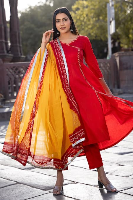 Bannhi By Priyanka Rathore Red Cotton, Silk, Muslin Embroidery, Gota Patti Border Angrakha Kurta Pant Set at Aza Fashions Bannhi By Priyanka Rathore_Red Cotton, Silk, Muslin Embroidery, Gota Patti Border Angrakha Kurta Pant Set _at_Aza_Fashions