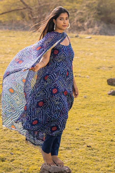 Shop Bannhi By Priyanka Rathore Blue Chiffon Embroidery Round Neck Bandhani Print Anarkali Pant Set Online at Aza Fashions Shop_Bannhi By Priyanka Rathore_Blue Chiffon Embroidery Round Neck Bandhani Print Anarkali Pant Set _Online_at_Aza_Fashions