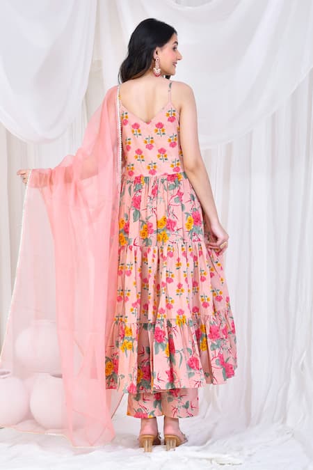 Shop Bannhi By Priyanka Rathore Pink Cotton, Chiffon Embroidery V-neck Floral Print Anarkali Set at Aza Fashions Shop_Bannhi By Priyanka Rathore_Pink Cotton, Chiffon Embroidery V-neck Floral Print Anarkali Set _at_Aza_Fashions