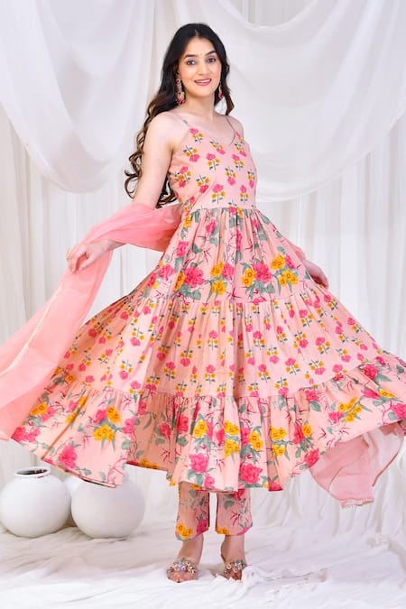 Buy Bannhi By Priyanka Rathore Pink Cotton, Chiffon Embroidery V-neck Floral Print Anarkali Set Online at Aza Fashions Buy_Bannhi By Priyanka Rathore_Pink Cotton, Chiffon Embroidery V-neck Floral Print Anarkali Set _Online_at_Aza_Fashions