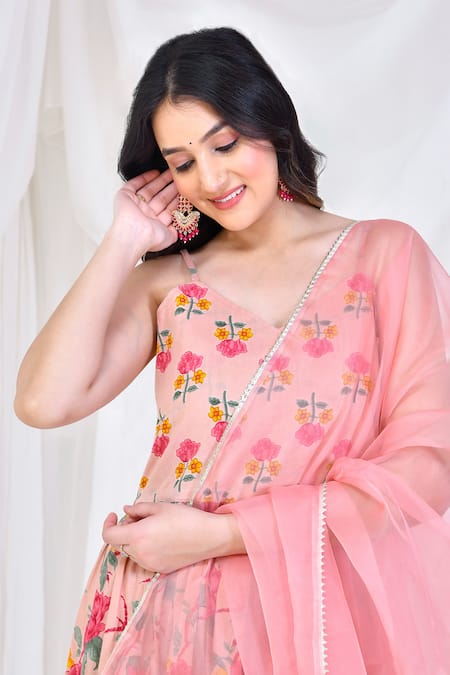 Shop Bannhi By Priyanka Rathore Pink Cotton, Chiffon Embroidery V-neck Floral Print Anarkali Set Online at Aza Fashions Shop_Bannhi By Priyanka Rathore_Pink Cotton, Chiffon Embroidery V-neck Floral Print Anarkali Set _Online_at_Aza_Fashions