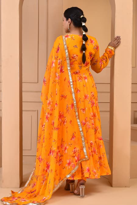 Shop Bannhi By Priyanka Rathore Yellow Chiffon Gota Patti, Embroidery V-neck Floral Print Angrakha Anarkali Set at Aza Fashions Shop_Bannhi By Priyanka Rathore_Yellow Chiffon Gota Patti, Embroidery V-neck Floral Print Angrakha Anarkali Set _at_Aza_Fashions