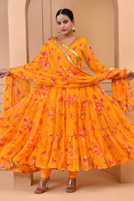 Bannhi By Priyanka Rathore Yellow Chiffon Gota Patti, Embroidery V-neck Floral Print Angrakha Anarkali Set Online at Aza Fashions Bannhi By Priyanka Rathore_Yellow Chiffon Gota Patti, Embroidery V-neck Floral Print Angrakha Anarkali Set _Online_at_Aza_Fashions