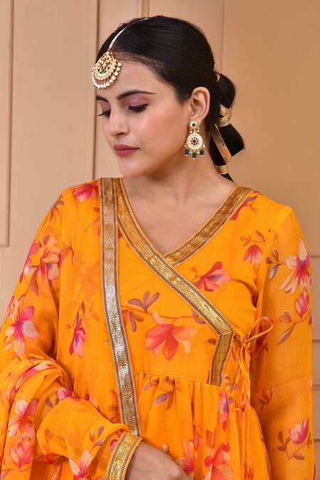 Buy Bannhi By Priyanka Rathore Yellow Chiffon Gota Patti, Embroidery V-neck Floral Print Angrakha Anarkali Set Online at Aza Fashions Buy_Bannhi By Priyanka Rathore_Yellow Chiffon Gota Patti, Embroidery V-neck Floral Print Angrakha Anarkali Set _Online_at_Aza_Fashions