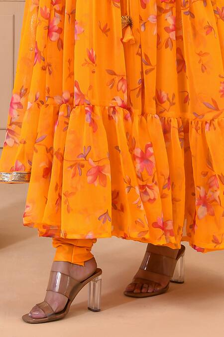 Shop Bannhi By Priyanka Rathore Yellow Chiffon Gota Patti, Embroidery V-neck Floral Print Angrakha Anarkali Set Online at Aza Fashions Shop_Bannhi By Priyanka Rathore_Yellow Chiffon Gota Patti, Embroidery V-neck Floral Print Angrakha Anarkali Set _Online_at_Aza_Fashions