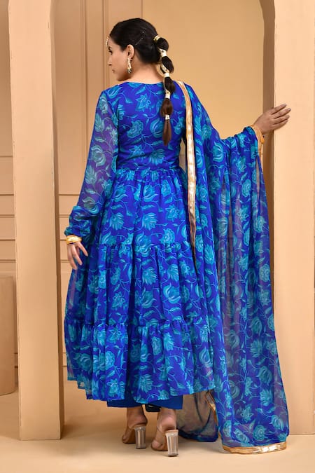 Shop Bannhi By Priyanka Rathore Blue Chiffon Gota Patti V-neck Floral Bloom Print Anarkali Pant Set at Aza Fashions Shop_Bannhi By Priyanka Rathore_Blue Chiffon Gota Patti V-neck Floral Bloom Print Anarkali Pant Set _at_Aza_Fashions