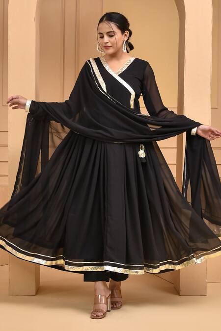 Buy_Bannhi By Priyanka Rathore_Black Georgette Gota Patti V-neck Placement Work Anarkali Pant Set _Online_at_Aza_Fashions