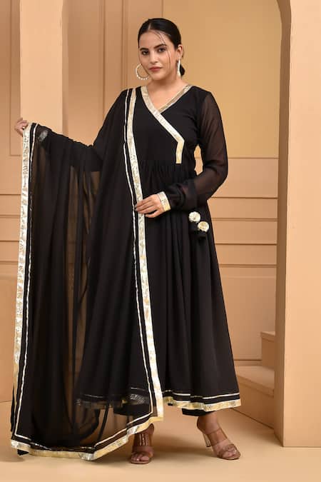 Shop_Bannhi By Priyanka Rathore_Black Georgette Gota Patti V-neck Placement Work Anarkali Pant Set _Online_at_Aza_Fashions