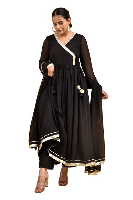 Buy_Bannhi By Priyanka Rathore_Black Georgette Gota Patti V-neck Placement Work Anarkali Pant Set 